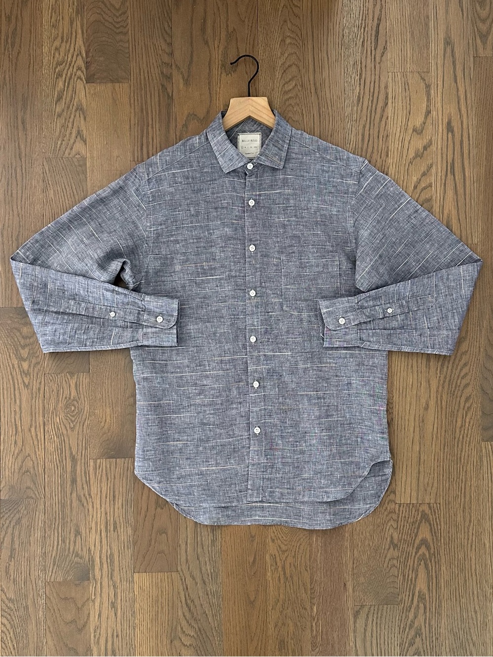 Billy Reid Men's Button Up Spread Collar Linen Made in Italy Shirt Blue/Tan S